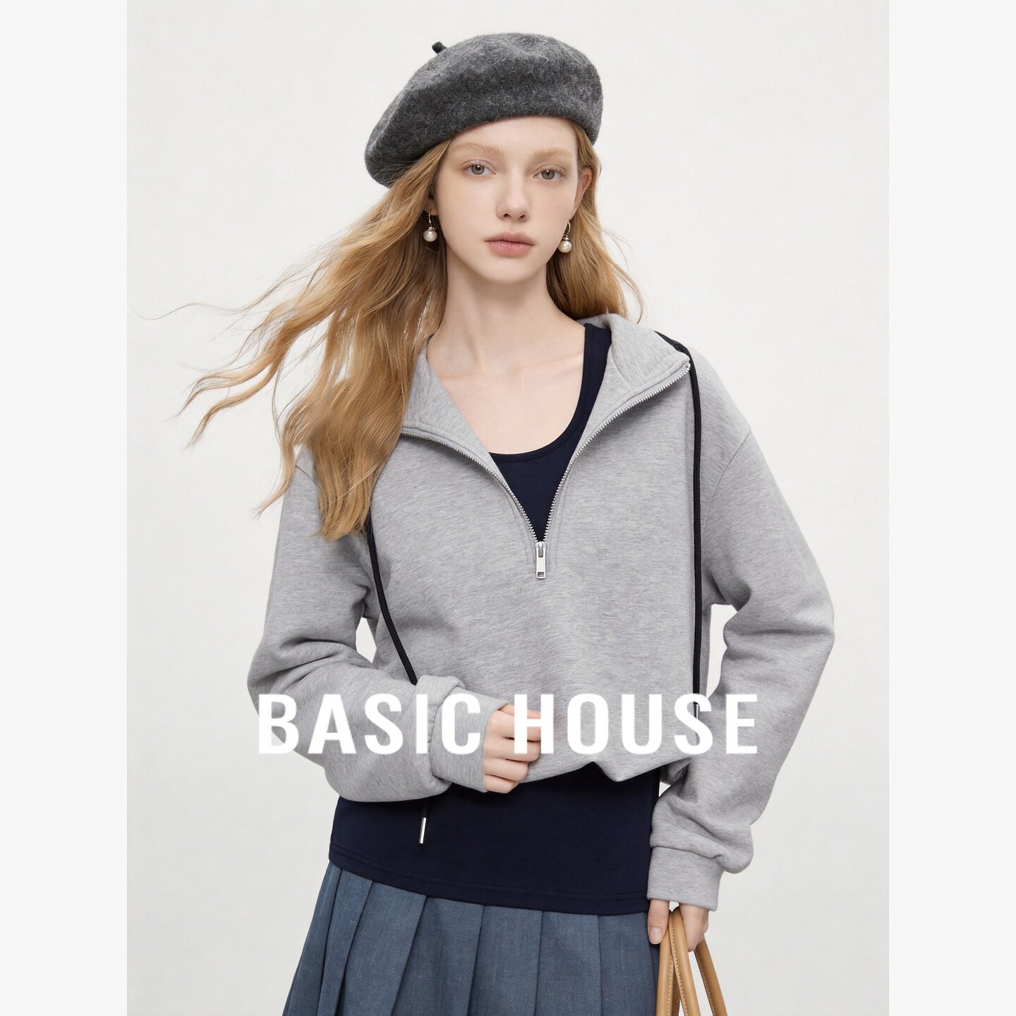 Basic House/百家好设计感半拉链连帽卫衣女假两件宽松长袖上衣