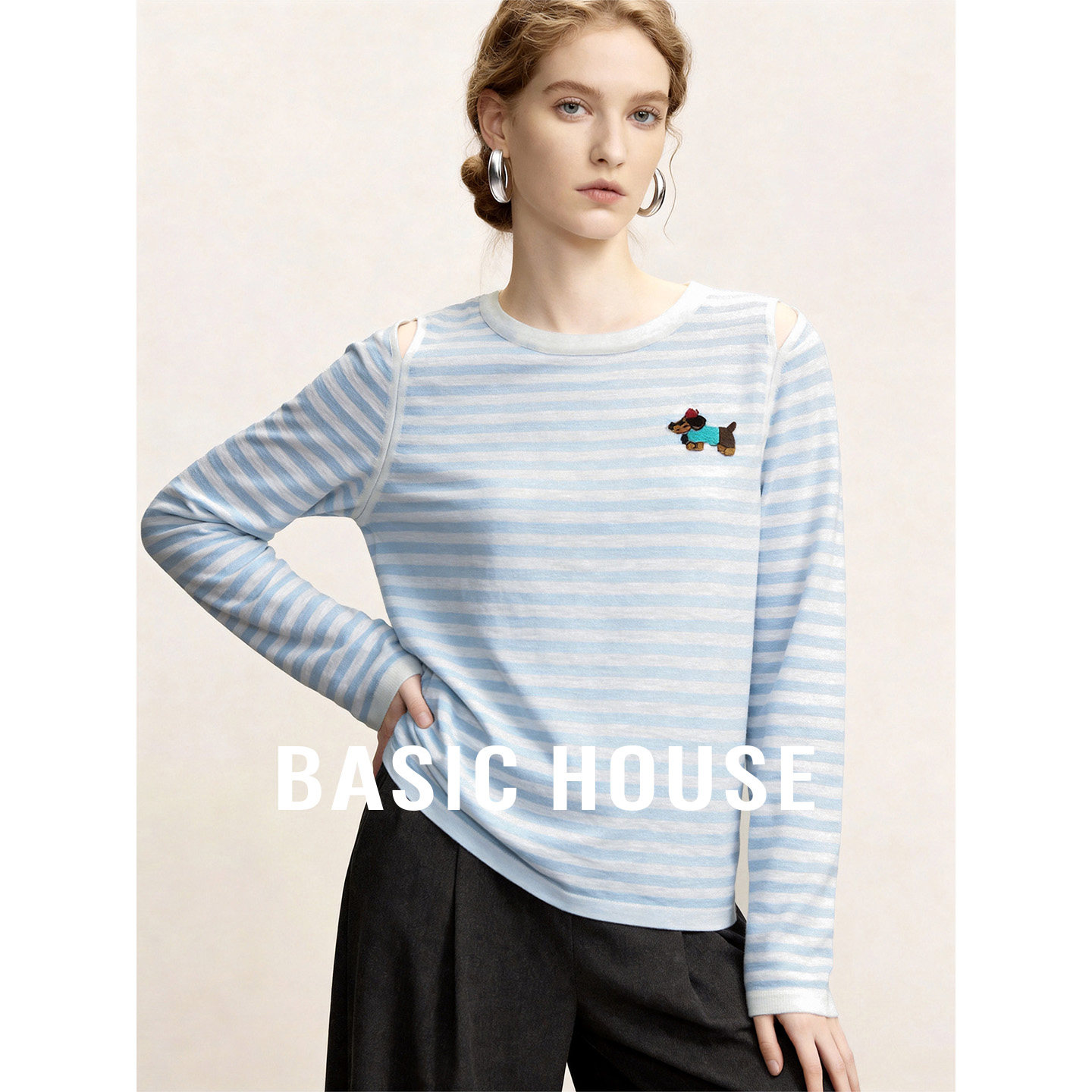 Basic House/百家好航海系条纹露肩撞色针织衫女夏季刺绣圆领上衣