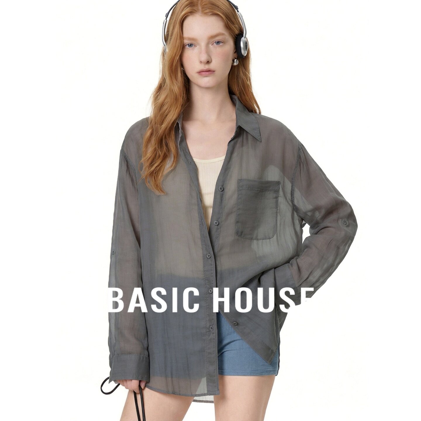 Basic House/百家好灰色轻薄长袖衬衫女夏宽松防晒开衫松弛感上衣