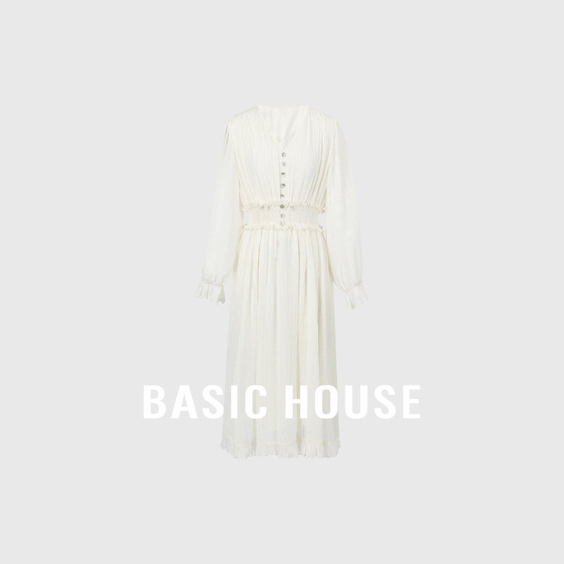 Basic House/百家好v领白色连衣裙收腰2025款长袖花边中长款裙子