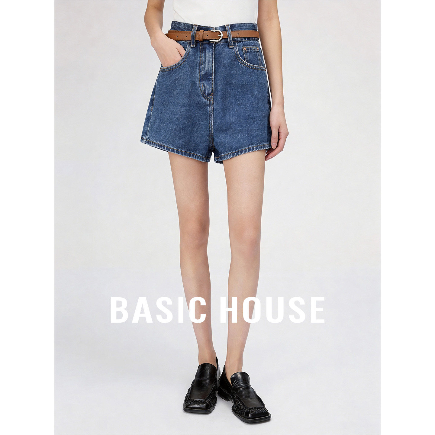 Basic House/百家好蓝色高腰带腰带直筒裤女夏季含棉舒适休闲短裤