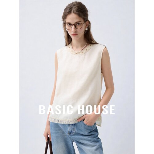Basic House/百家好法式亚麻刺绣圆领无袖衬衫女白色气质百搭上衣