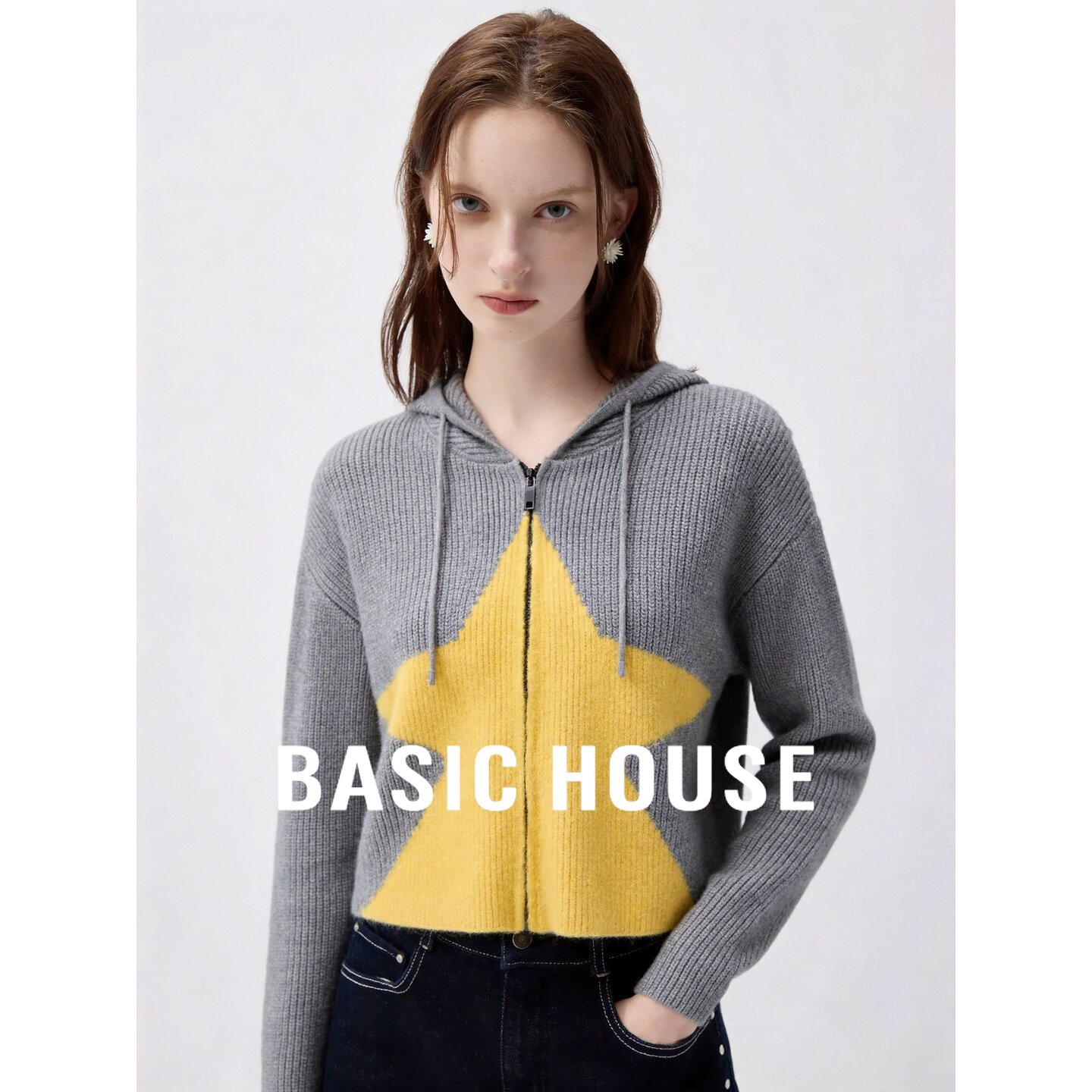 Basic House/百家好星星连帽针织开衫女秋短款拉链毛衣小个子百搭