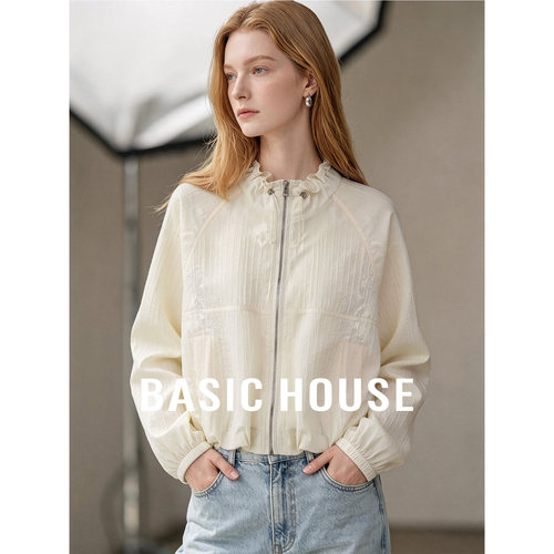 Basic House/百家好杏色立领透气短款外套女夏莱赛尔空调衫防晒服