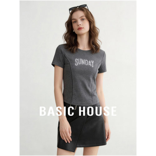 Basic House/百家好闪钻字母弧形下摆短款上衣女夏季辣妹显瘦内搭