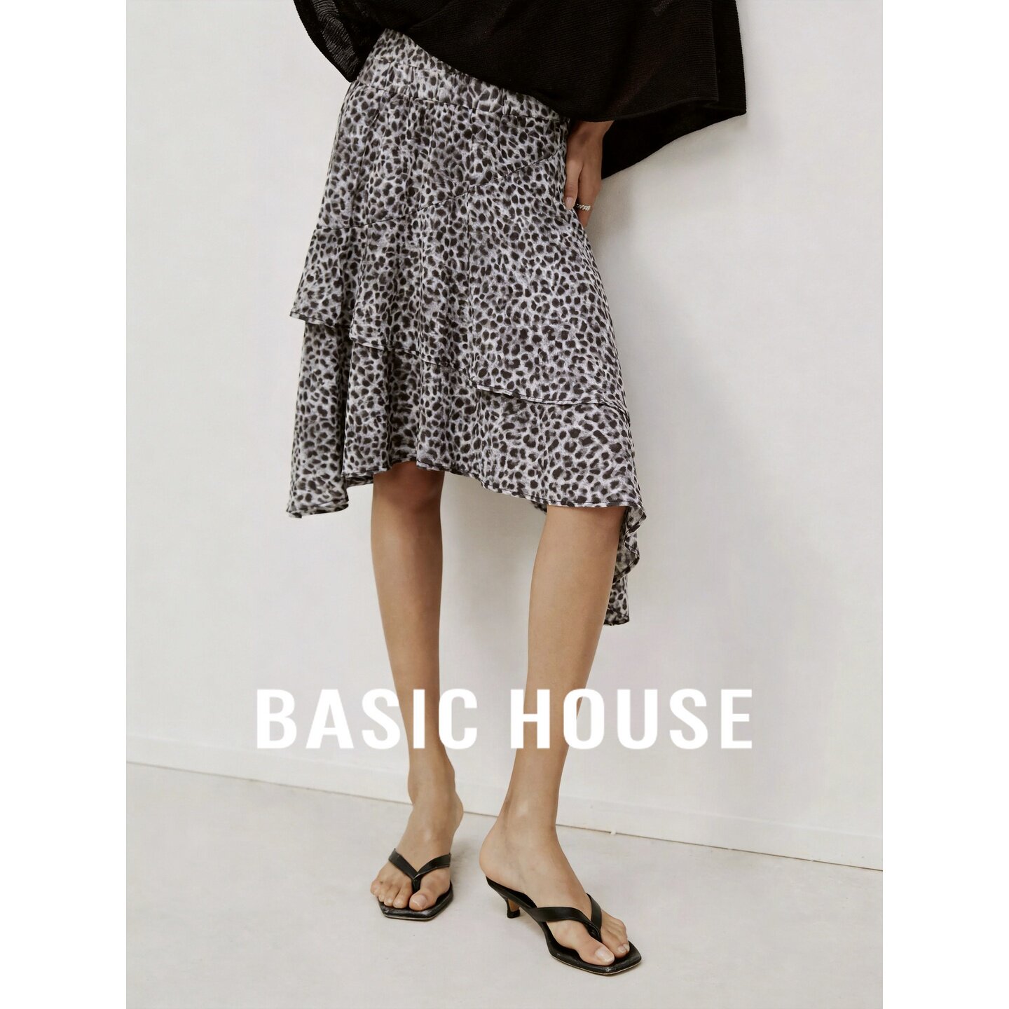 Basic House/百家好豹纹不规则花边半身裙女夏季中长款层次感短裙