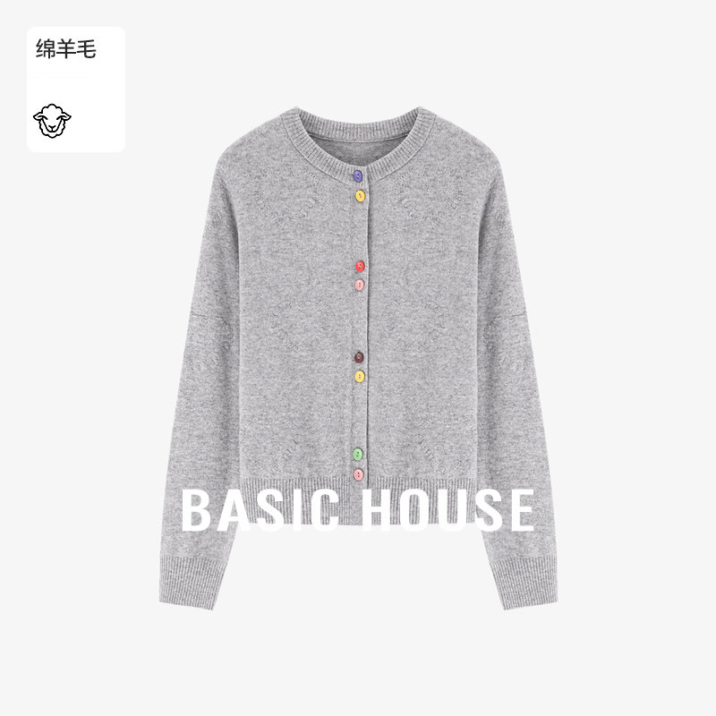 Basic House/百家好温柔风爱心针织开衫女春彩色纽扣软糯圆领毛衣