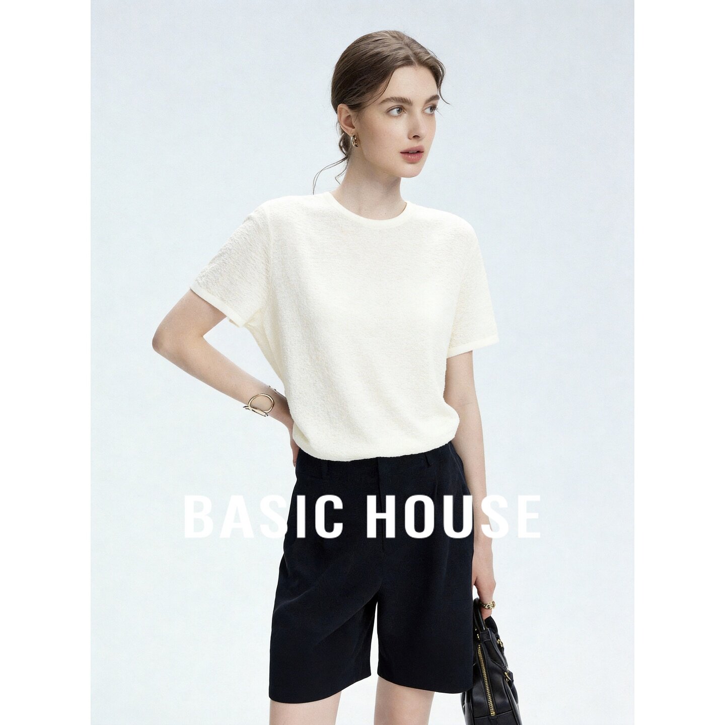 Basic House/百家好绵羊毛圆领短袖针织衫女白色薄款百搭显瘦上衣