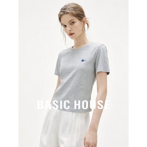 Basic House/百家好亚麻短袖T恤圆领修身刺绣女极简灰色夏季通勤