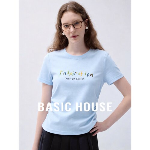 Basic House/百家好圆领短袖T恤女韩版修身印花浅蓝夏季通勤日常
