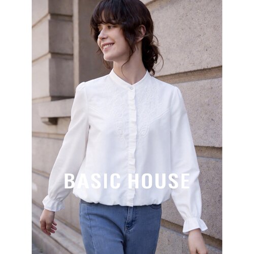 Basic House/百家好极简白色长袖衬衫女百搭刺绣通勤衬衣高级感