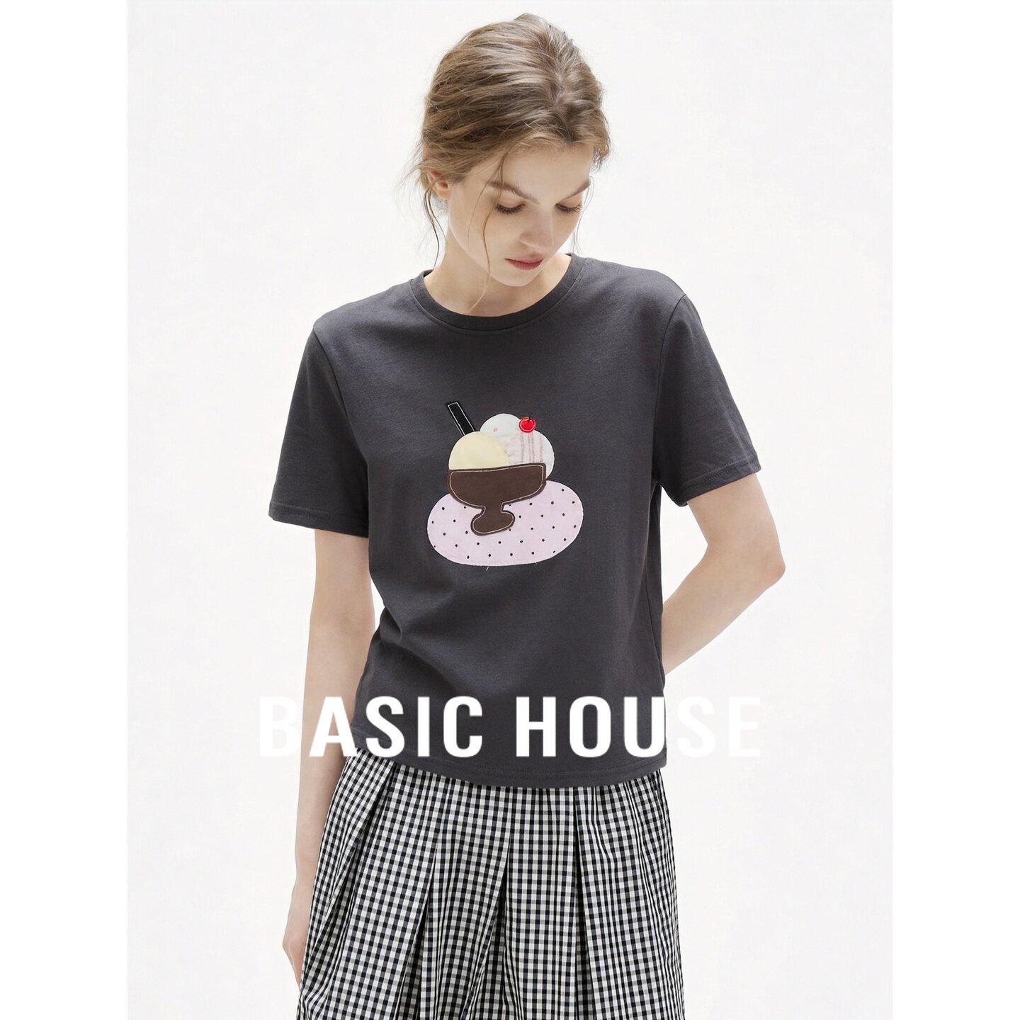 Basic House/百家好冰淇淋印花设计短袖T恤女夏季减龄超好看上衣