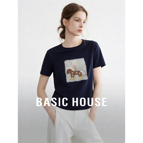 Basic House/百家好卡通印花刺绣短袖2026超火减龄T恤女新款上衣