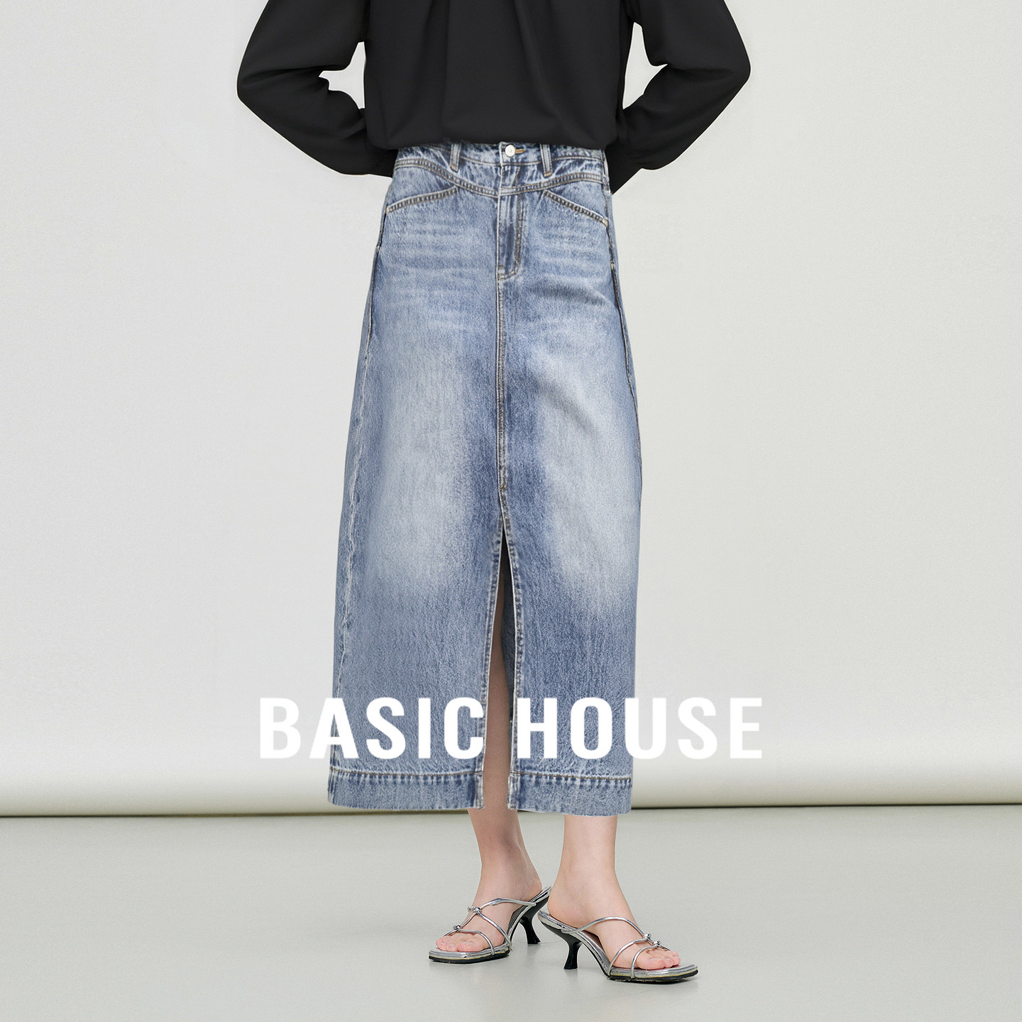 Basic House/百家好夏季新款高腰显瘦气质感复古直筒牛仔半身长裙