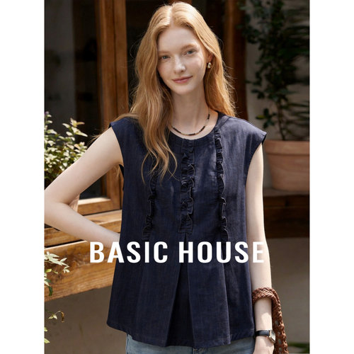 Basic House/百家好藏青色木耳边无袖衬衫女夏季气质褶皱休闲上衣