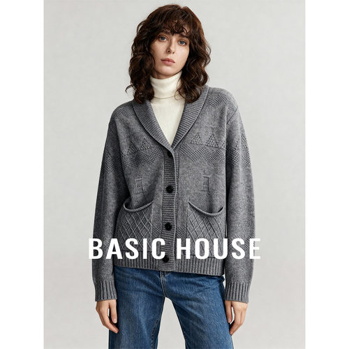 Basic House/百家好V领纯色简约百搭毛衣开衫女秋冬保暖宽松上衣
