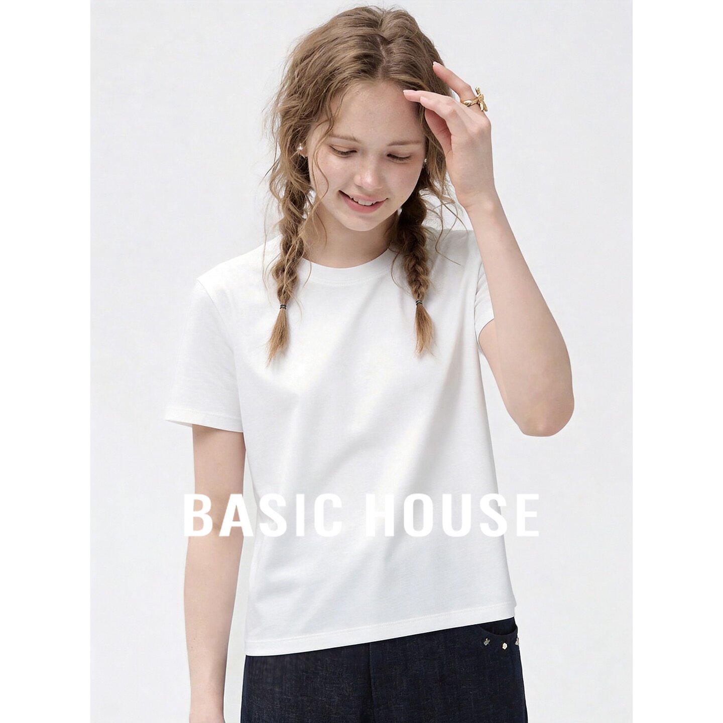 Basic House/百家好莱赛尔桑蚕丝白色短袖T恤女夏季正肩百搭上衣
