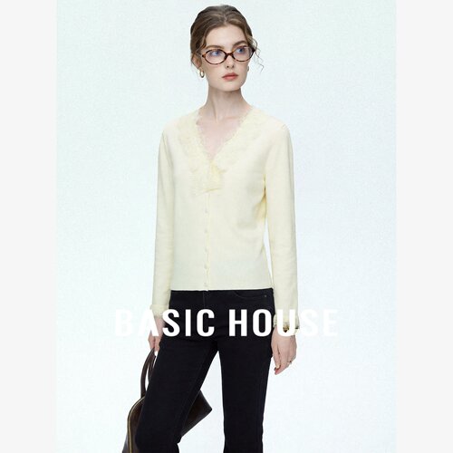 Basic House/百家好蕾丝拼接大V领多纽扣针织开衫女修身毛衣上衣