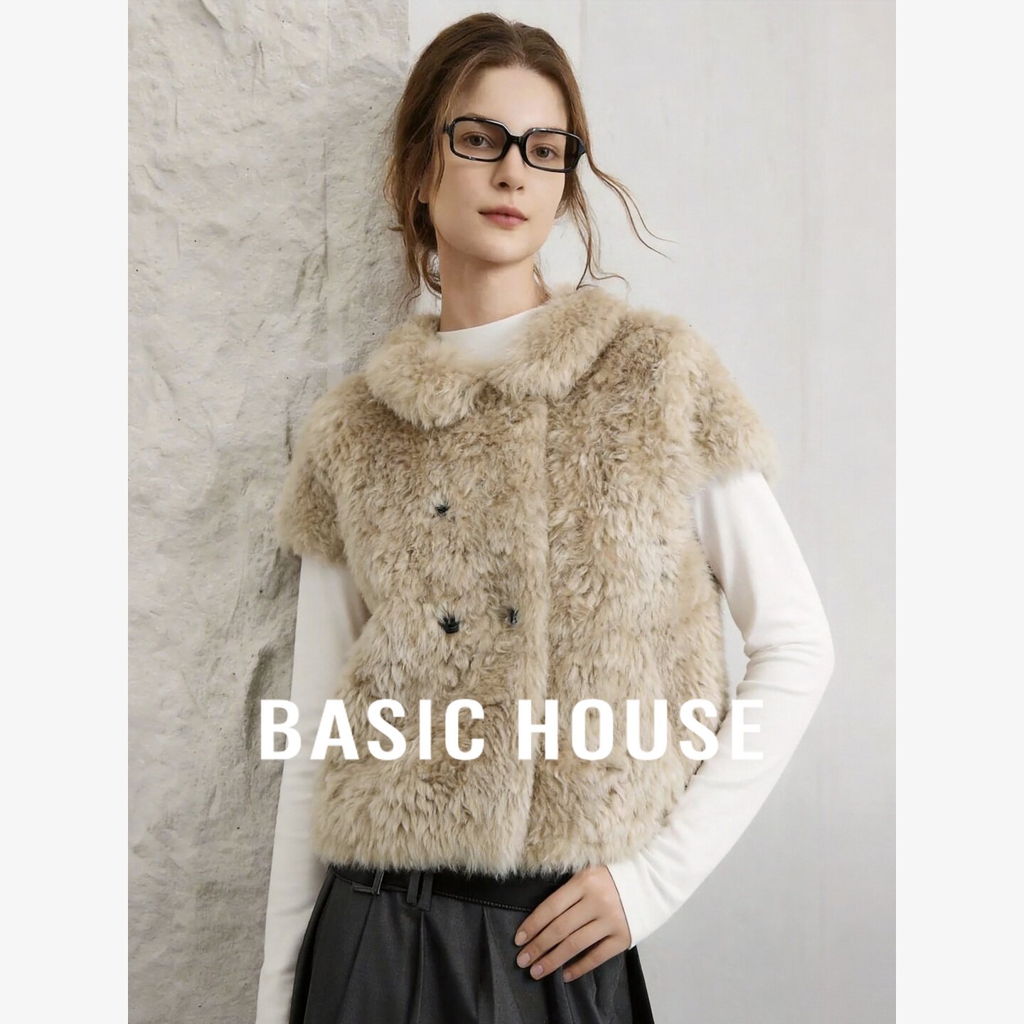 Basic House/百家好轻奢皮草马甲双排扣翻领羊毛皮草坎肩质感外套