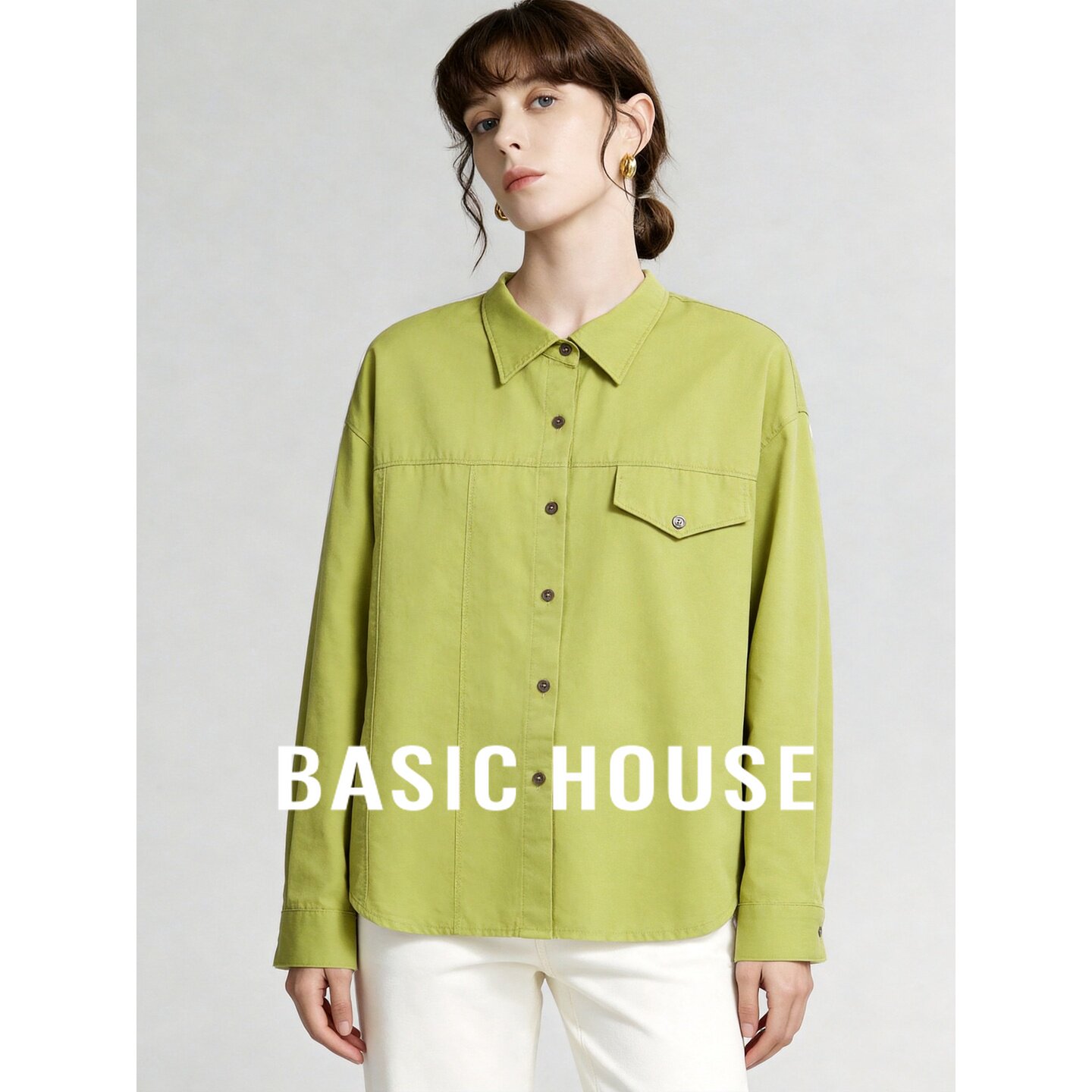 Basic House/百家好绿色衬衫女翻领宽松纯棉透气长袖上衣轻工装风