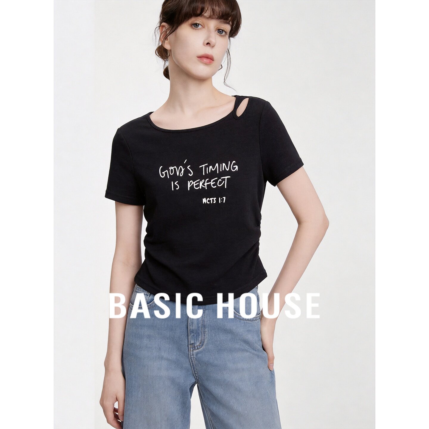 Basic House/百家好露肩设计感短袖T恤女26夏季修身透气显瘦上衣