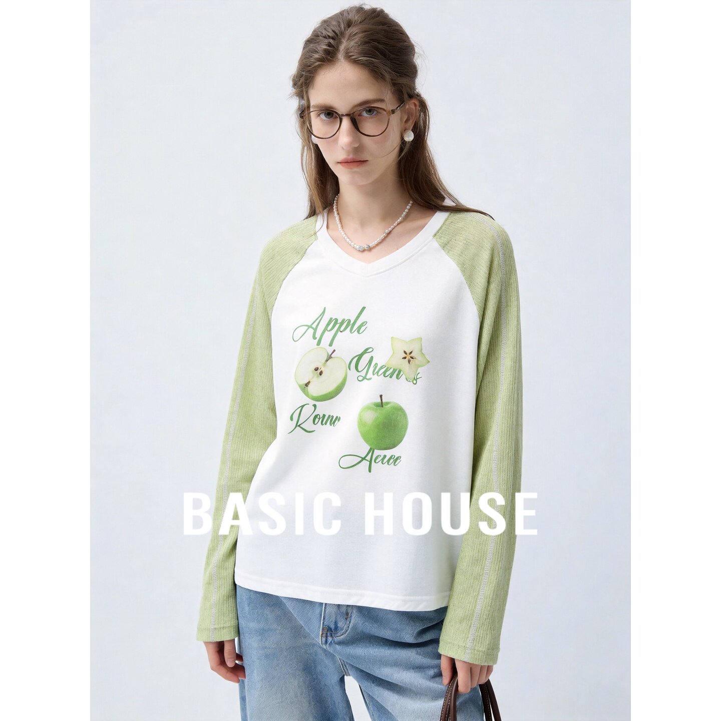 Basic House/百家好绿色青苹果印花插肩袖薄款防晒衫百搭显瘦T恤
