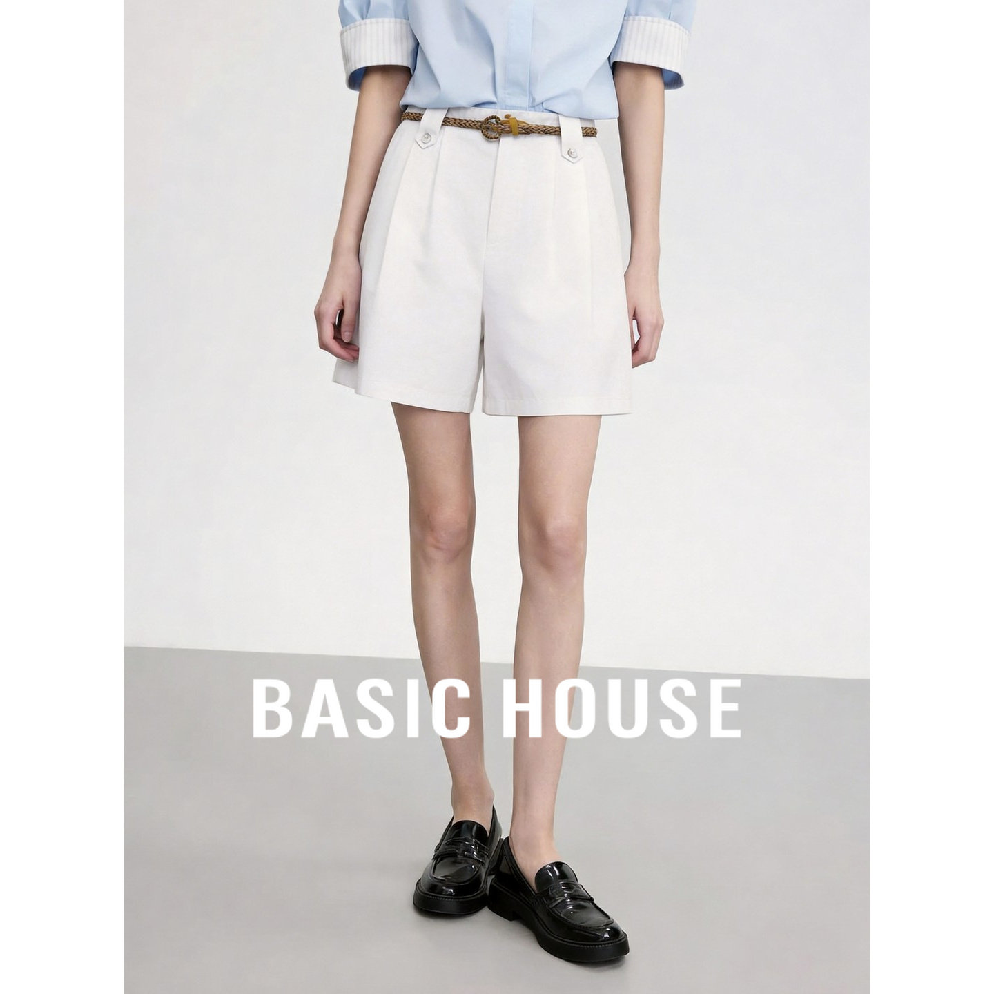 Basic House/百家好极简风莱赛尔白色高腰腰带短裤夏季宽松休闲裤