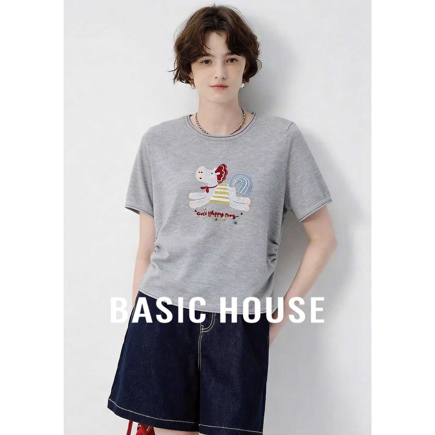 Basic House/百家好灰色日常通勤短袖针织衫女26夏季圆领薄款上衣
