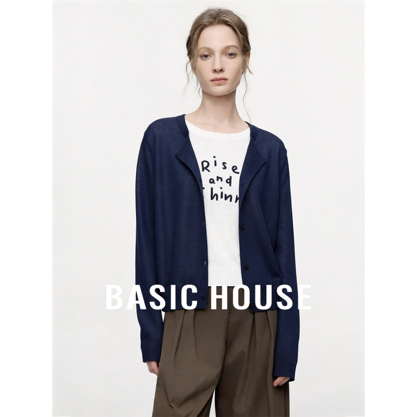Basic House/百家好秋季新款假两件圆领针织开衫女藏青设计感上衣