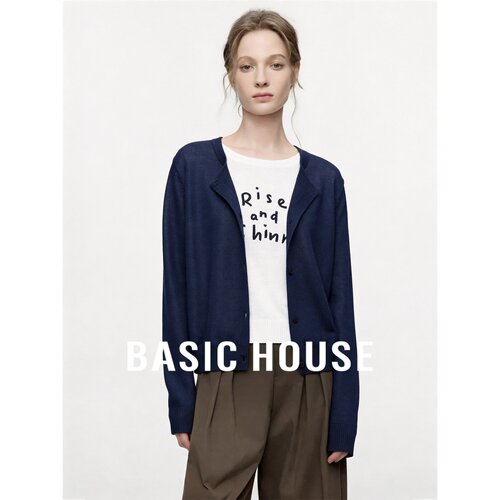 Basic House/百家好秋季新款假两件圆领针织开衫女藏青设计感上衣