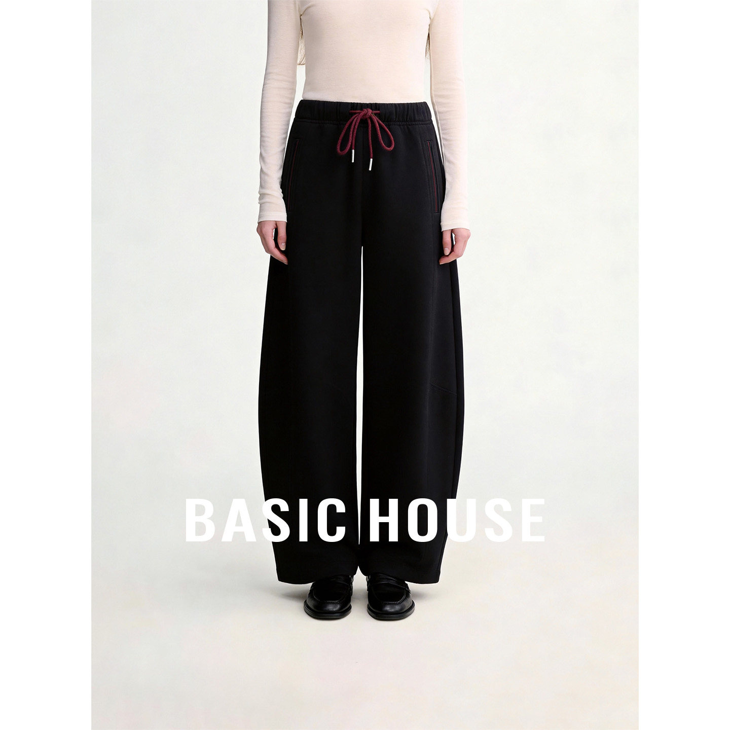 Basic House/百家好黑色抽绳直筒卫裤女春季慵懒百搭休闲运动裤