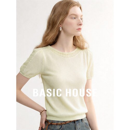 Basic House/百家好老钱风圆领短袖针织衫女夏薄款百搭舒适上衣
