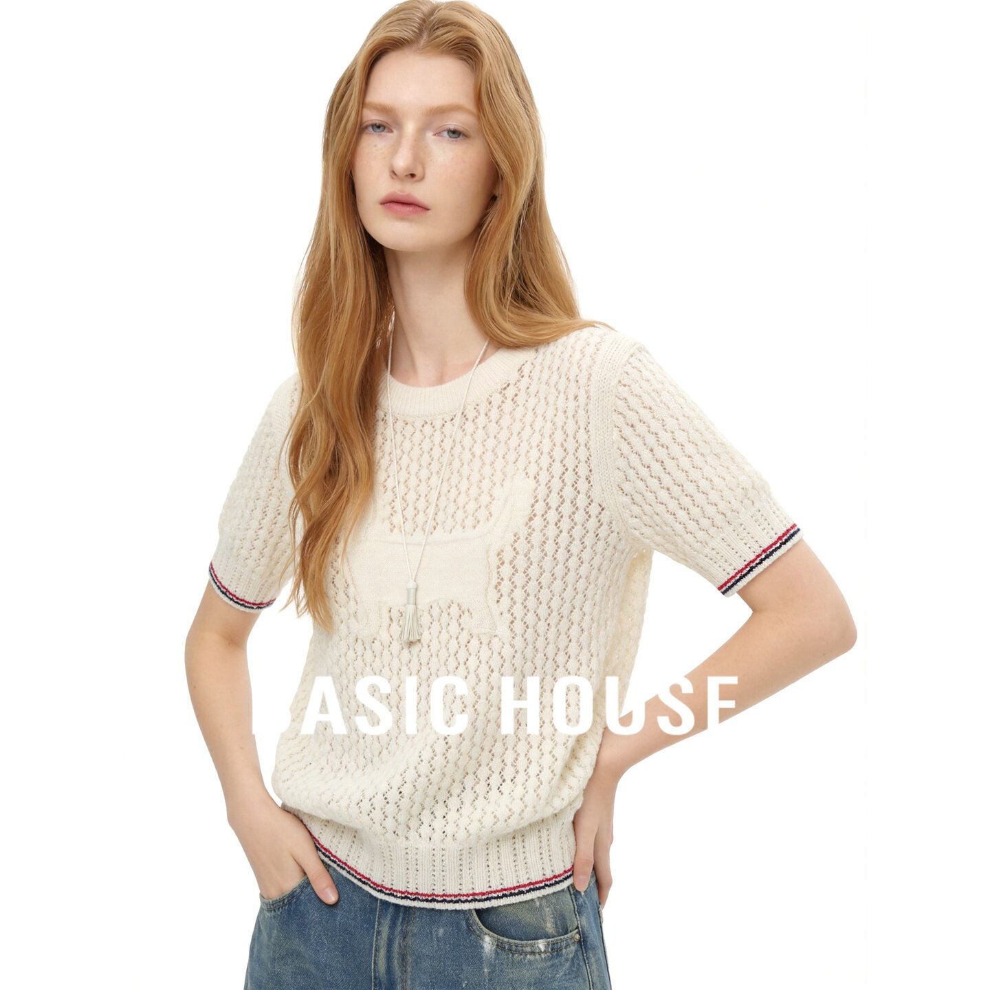 Basic House/百家好学院风圆领镂空针织短袖女夏季白色莱赛尔上衣