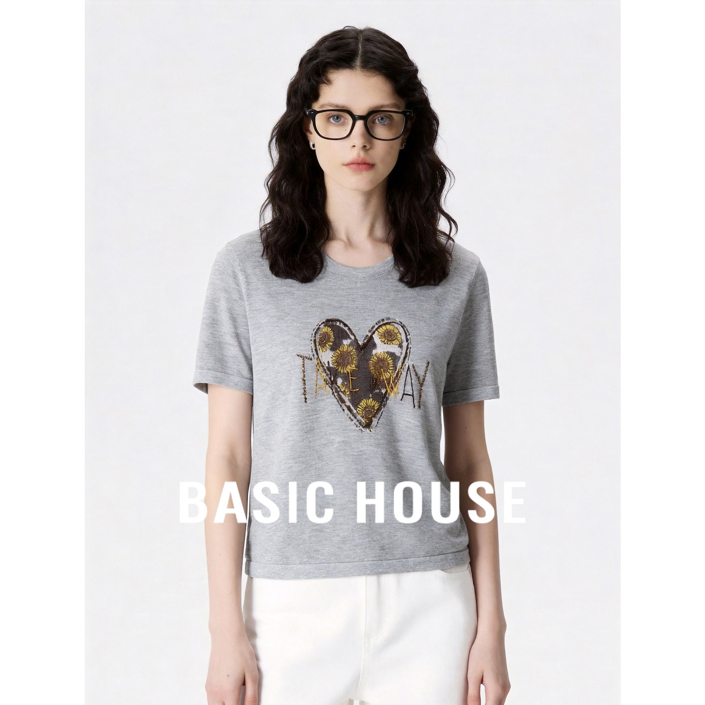 Basic House/百家好灰色简约圆领短袖针织衫女薄款透气宽松上衣夏