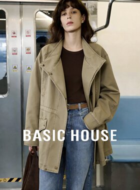 Basic House/百家好复古工装风立领短外套女秋季纯棉夹克质感外套