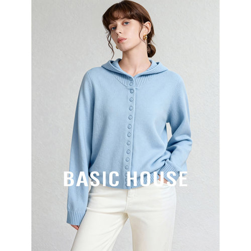 Basic House/百家好春装新款连帽纯色简约羊毛针织开衫女简约上衣