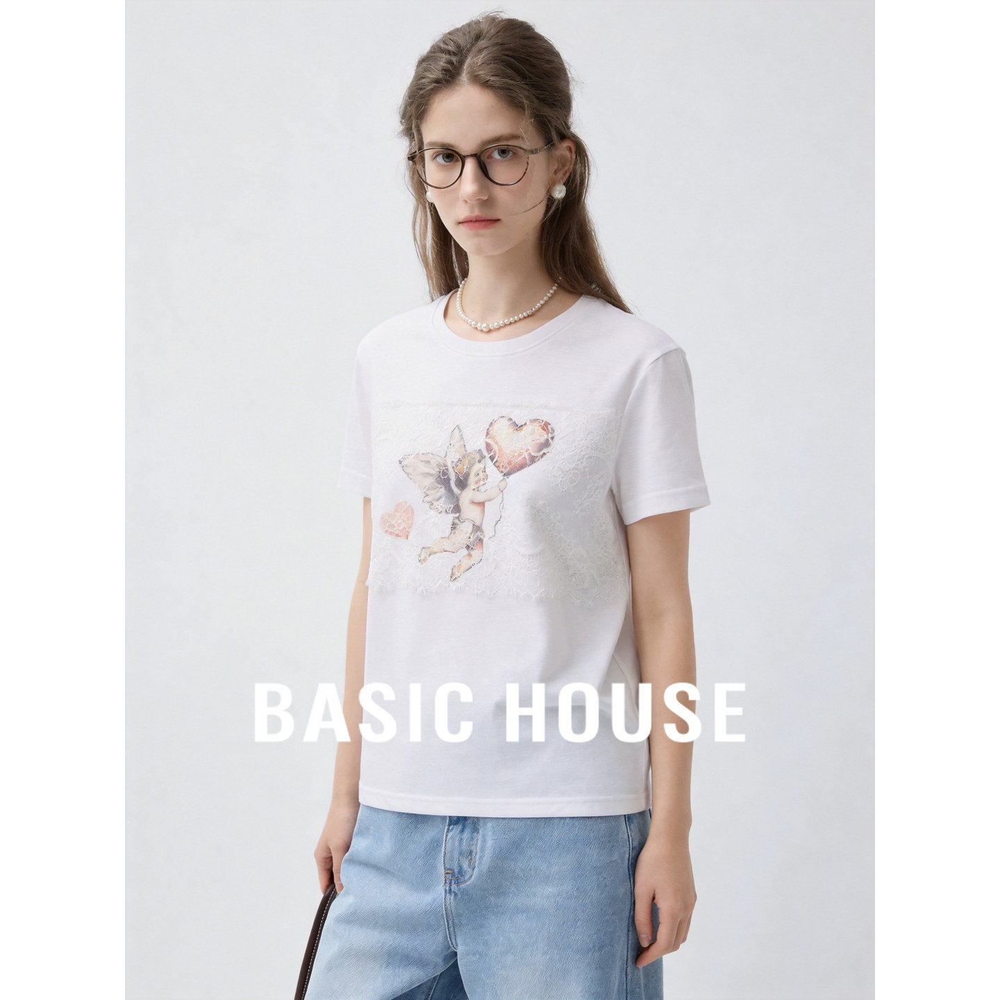 Basic House/百家好白色蕾丝拼接短袖T恤女夏季简约棉质圆领上衣