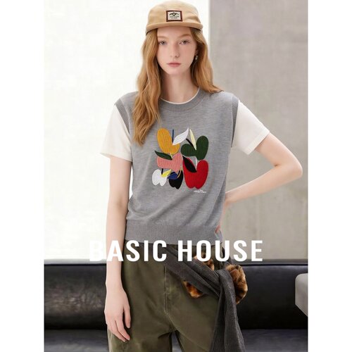 Basic House/百家好日系撞色假两件针织衫女夏短袖圆领设计感上衣