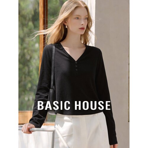 Basic House/百家好极简风桑蚕丝V领长袖T恤女黑色纽扣设计感显瘦