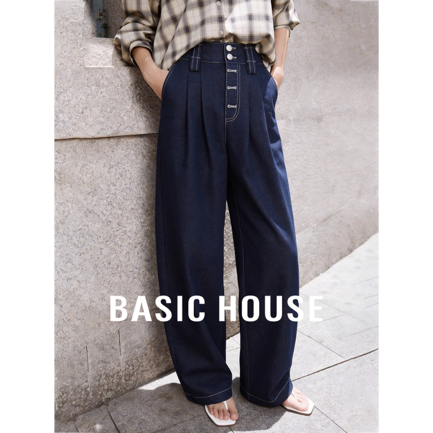 Basic House/百家好复古高腰蓝色阔腿牛仔裤女宽松百搭直筒长裤