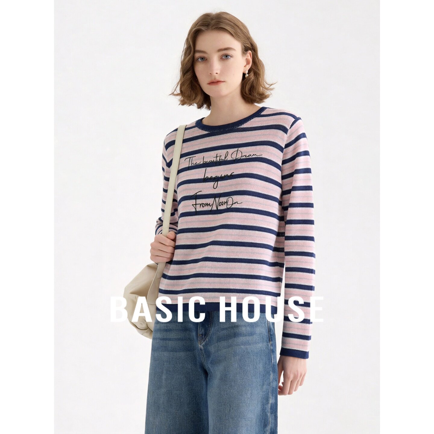 Basic House/百家好粉色条纹针织衫女秋长袖圆领百搭薄款套头上衣
