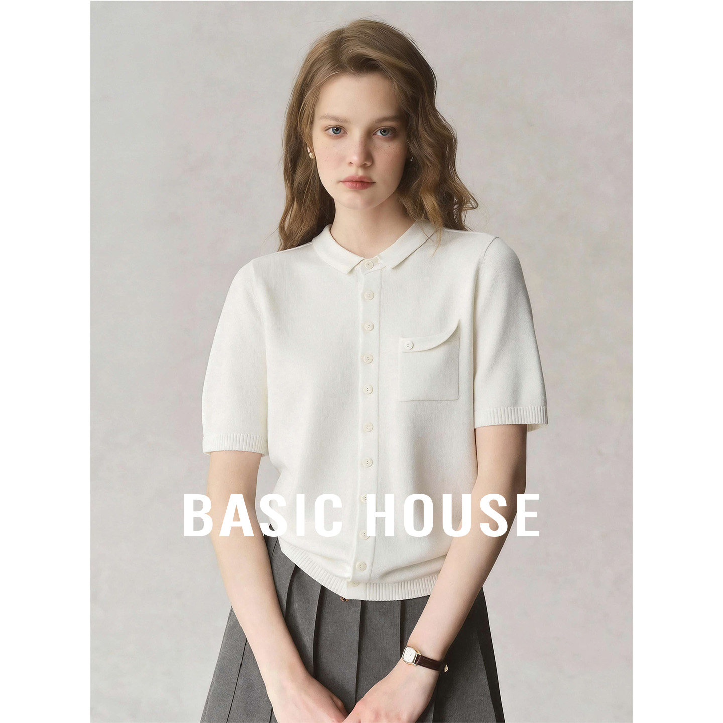 Basic House百家好polo领白色短袖针织衫2026新款显瘦上衣女夏T恤