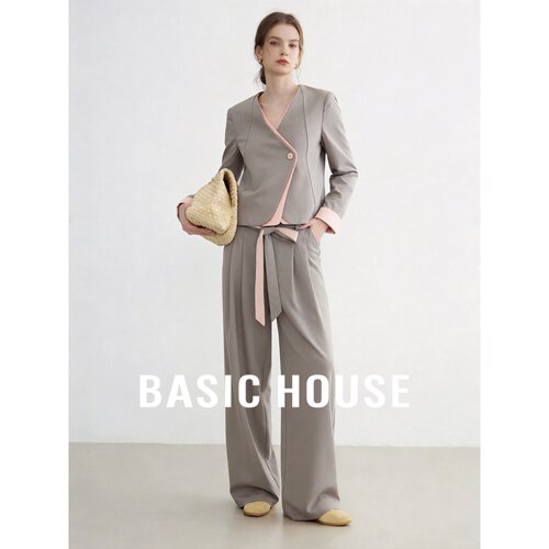 Basic House/百家好通勤风西装外套阔腿裤套装系带两件套气质穿搭