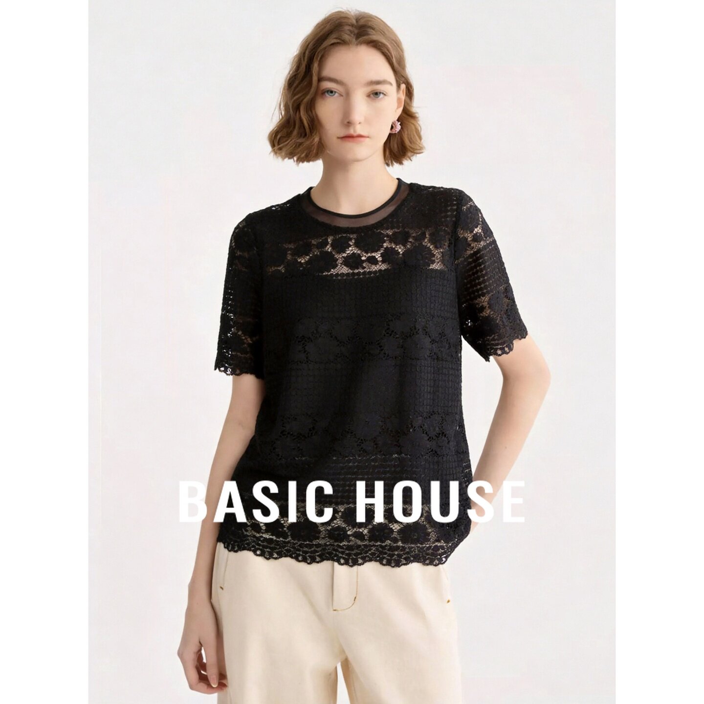 Basic House/百家好黑色圆领镂空蕾丝短袖T恤女夏季宽松显瘦上衣