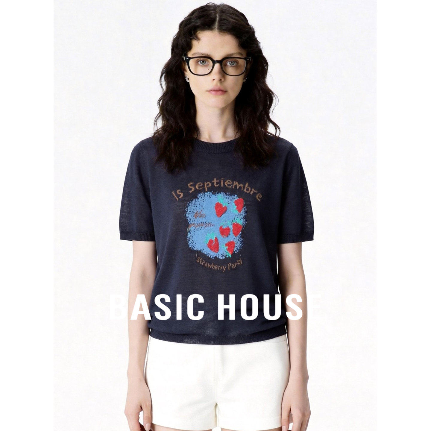 Basic House/百家好正肩短袖针织衫女26夏季薄款宽松休闲印花上衣