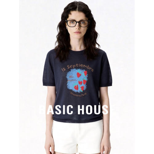 Basic House/百家好正肩短袖针织衫女26夏季薄款宽松休闲印花上衣