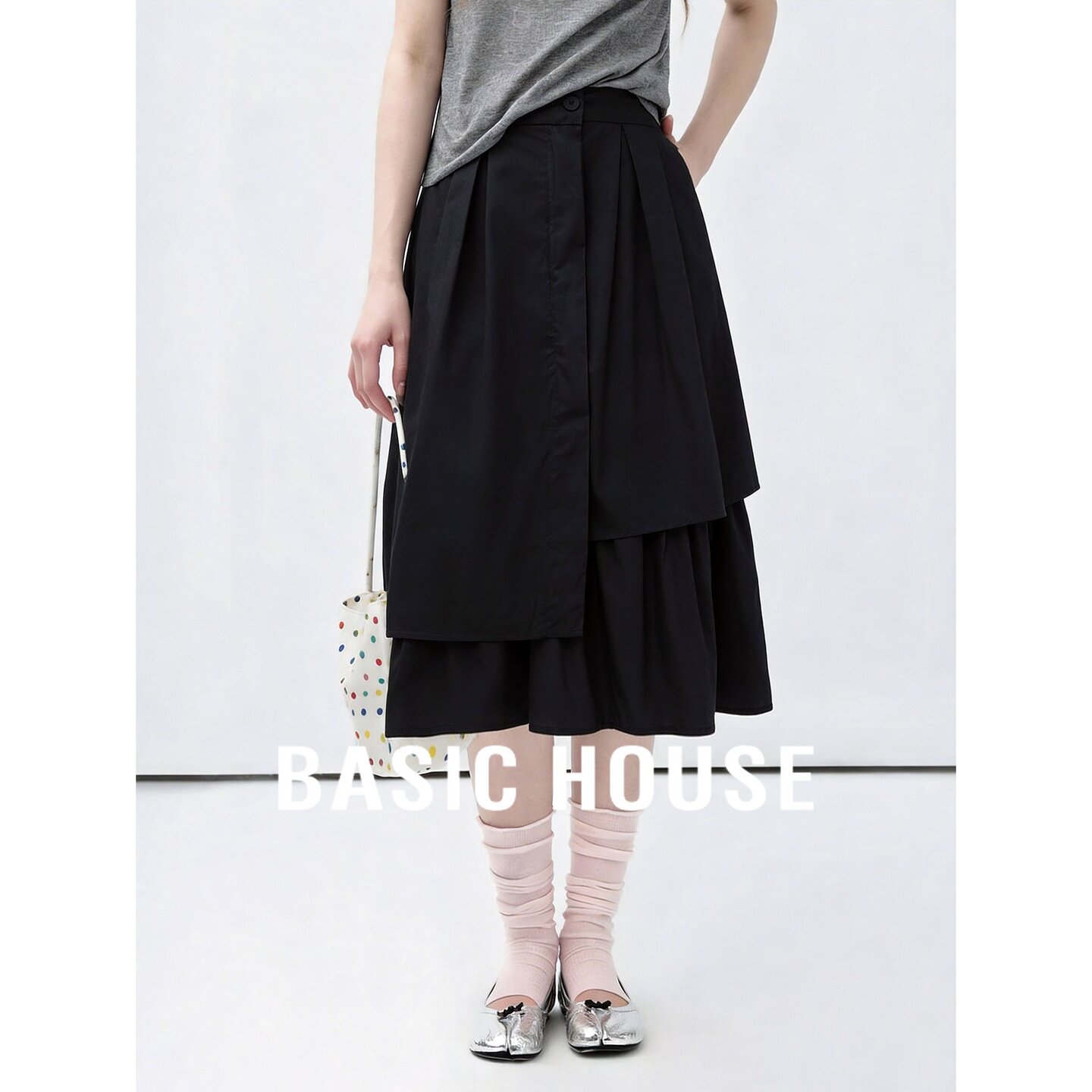 Basic House/百家好黑色层次感半身裙女夏松紧腰显瘦不规则中长裙