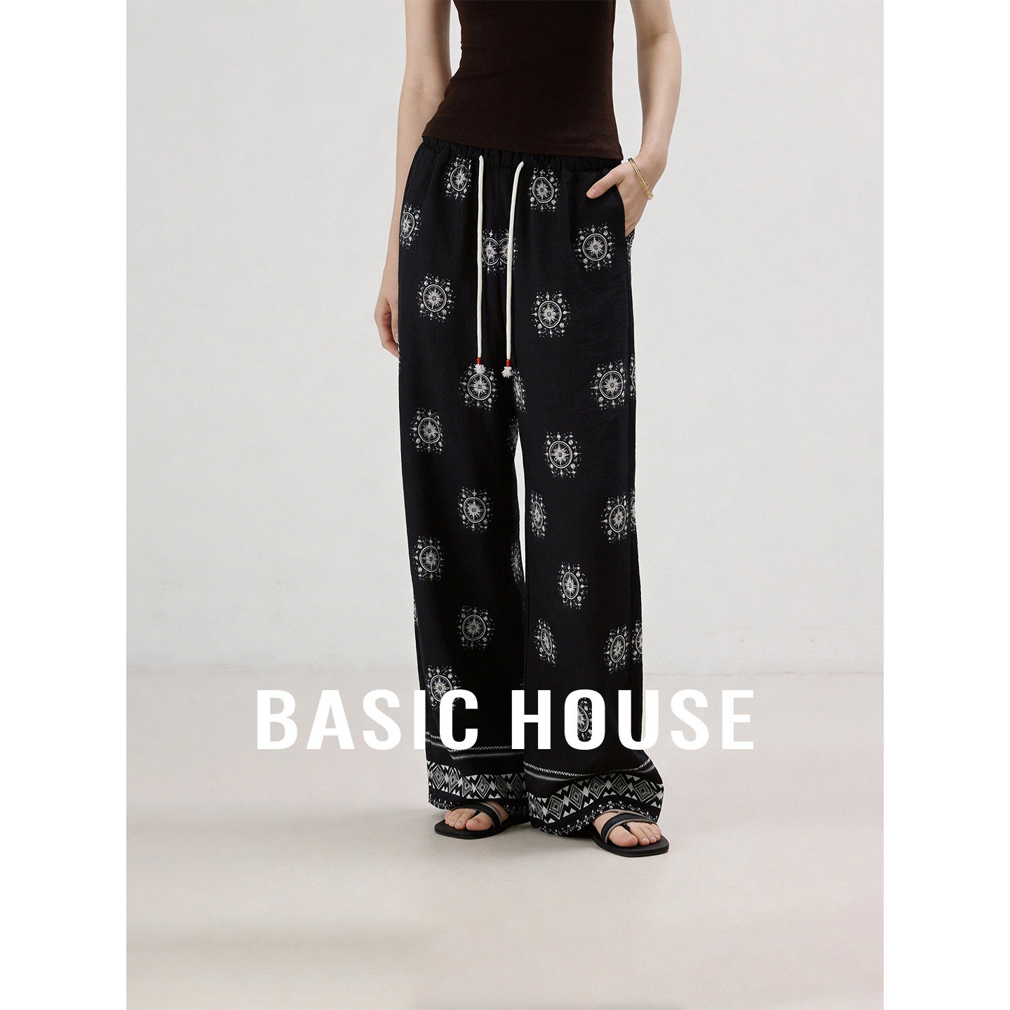 Basic House/百家好复古撞色印花阔腿裤女夏季高腰直筒天丝休闲裤