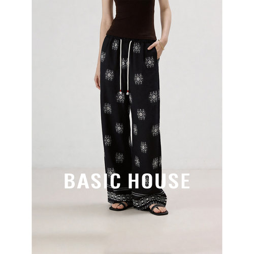 Basic House/百家好复古撞色印花阔腿裤女夏季高腰直筒天丝休闲裤