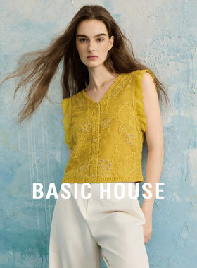 Basic House/百家好法式V领背心女2026夏季黄色纯棉无袖气质小衫